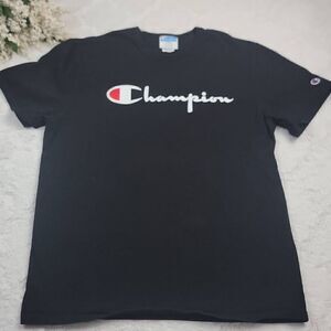 CHAMPION Men's Black 💯 % Cotton Script Logo Graphic Tee Shirt‎ [SIZE LARGE]